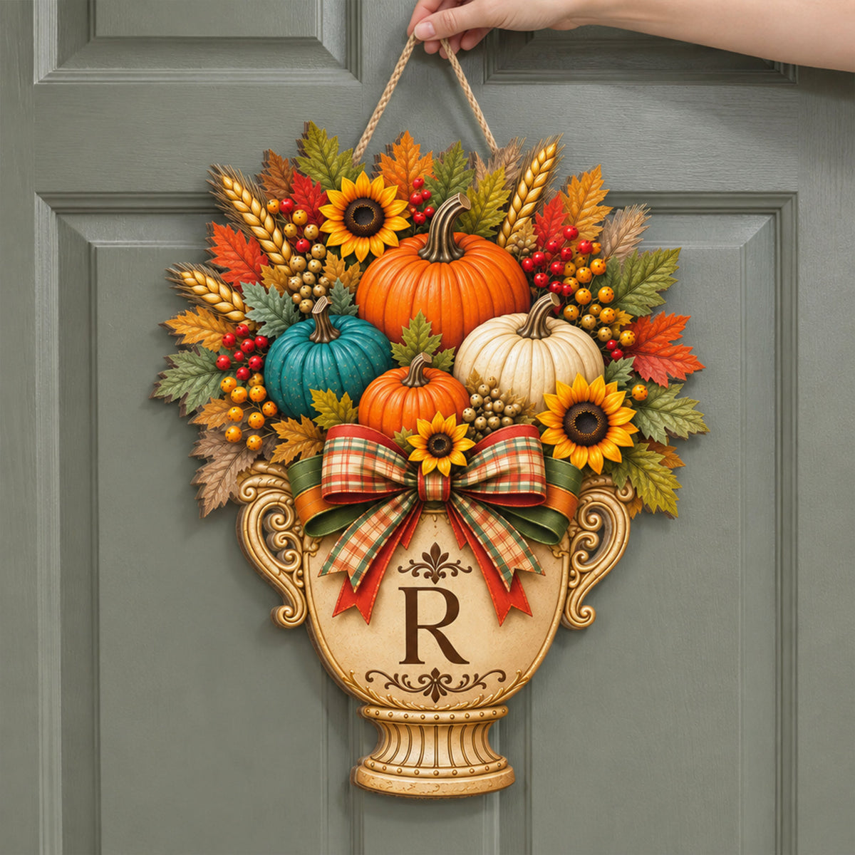 Home Feels Warmer In The Fall – Personalized Garden Flag, Pumpkin Door Hanger, Custom Family Initial Autumn Decor