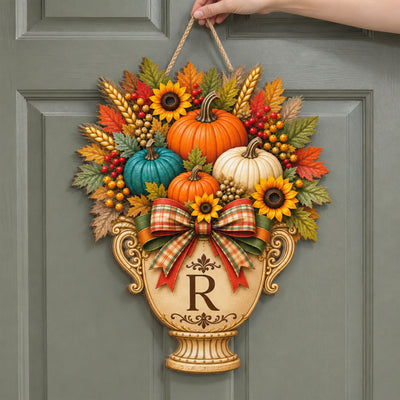 Home Feels Warmer In The Fall – Personalized Garden Flag, Pumpkin Door Hanger, Custom Family Initial Autumn Decor
