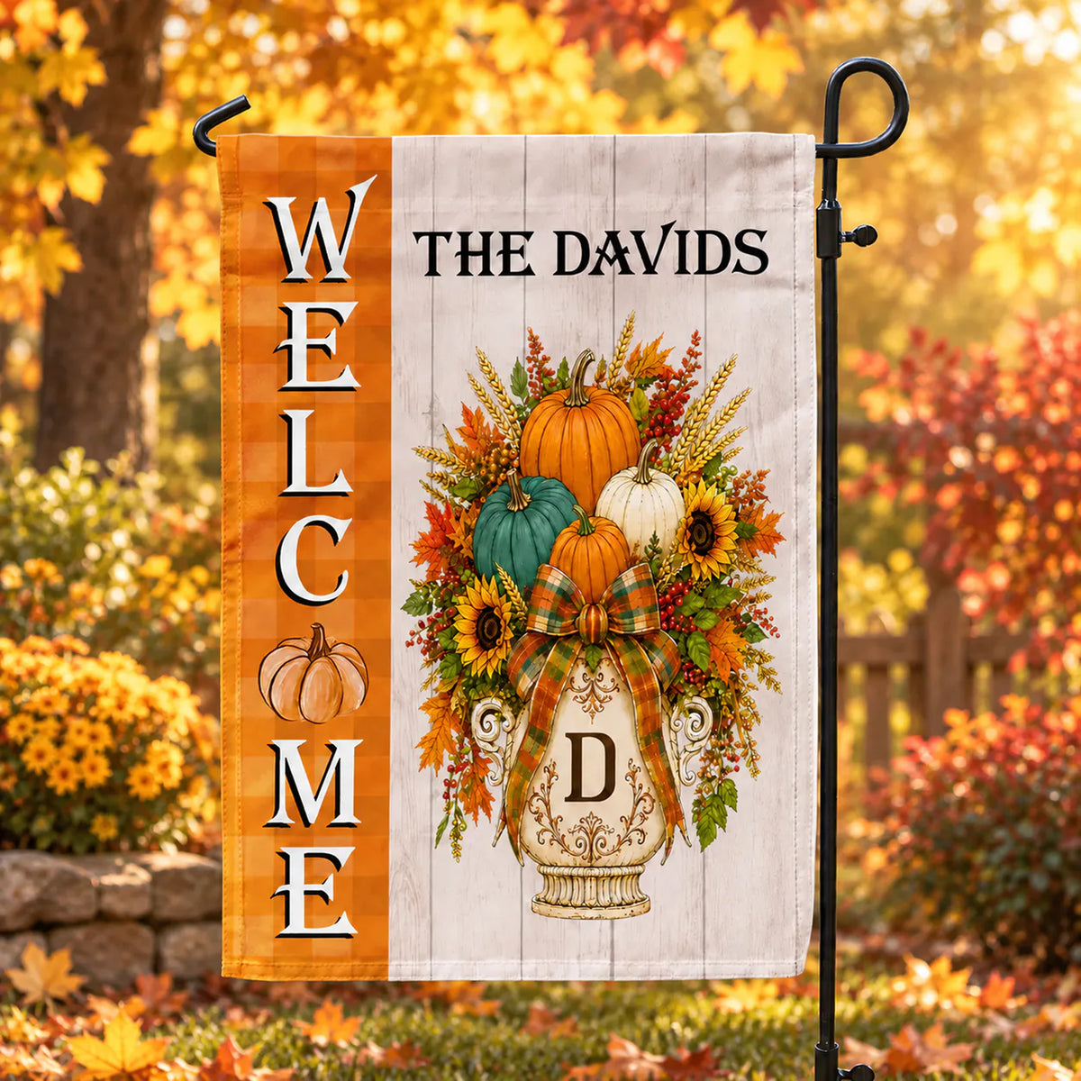 A Cozy Autumn Welcome From Our Family To Yours - Personalized Garden Flag, Custom Monogram Pumpkin Door Hanger, Heartwarming Autumn Decor