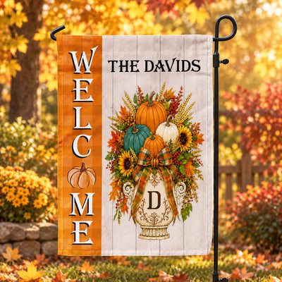 A Cozy Autumn Welcome From Our Family To Yours - Personalized Garden Flag, Custom Monogram Pumpkin Door Hanger, Heartwarming Autumn Decor