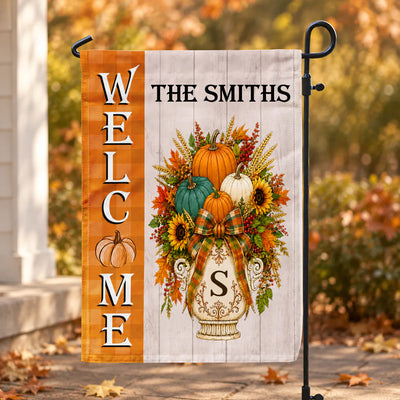 A Cozy Autumn Welcome From Our Family To Yours - Personalized Garden Flag, Custom Monogram Pumpkin Door Hanger, Heartwarming Autumn Decor