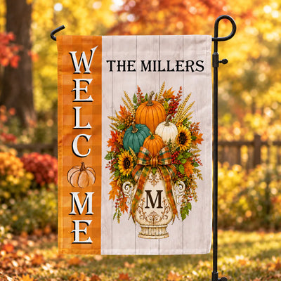 A Cozy Autumn Welcome From Our Family To Yours - Personalized Garden Flag, Custom Monogram Pumpkin Door Hanger, Heartwarming Autumn Decor