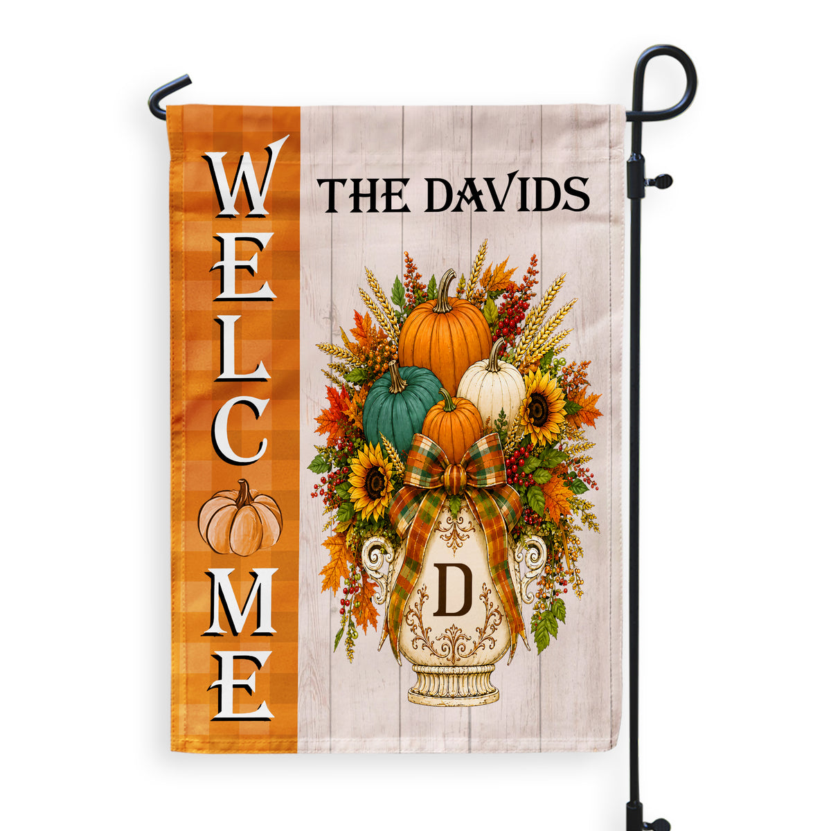 A Cozy Autumn Welcome From Our Family To Yours - Personalized Garden Flag, Custom Monogram Pumpkin Door Hanger, Heartwarming Autumn Decor