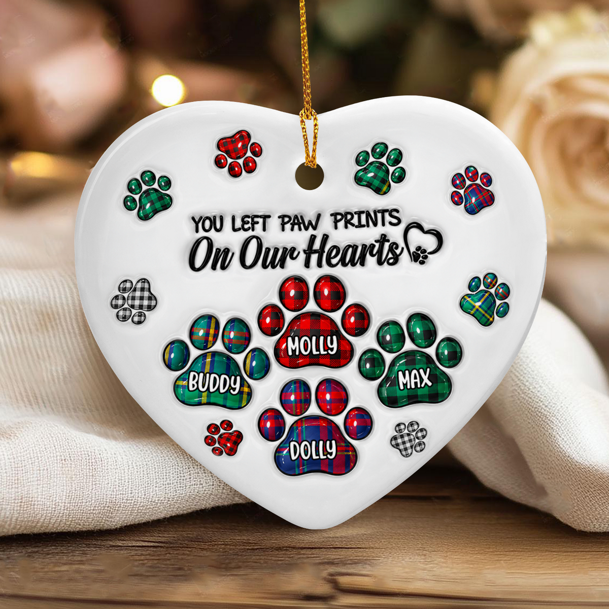 You Left Paw Prints On Our Hearts-  Personalized Ceramic Ornament, Memorial Gift For Dog Lover, Memorial Glass Ornament