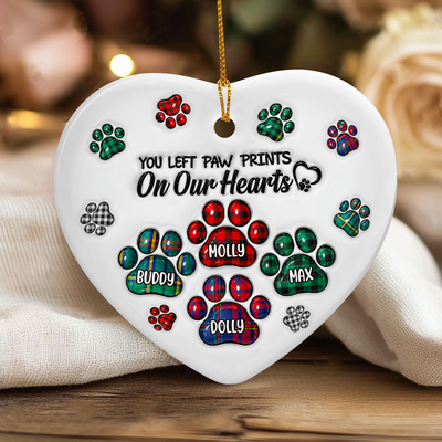 You Left Paw Prints On Our Hearts-  Personalized Ceramic Ornament, Memorial Gift For Dog Lover, Memorial Glass Ornament