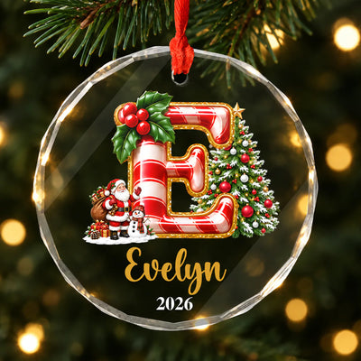 Christmas Name With Santa - Personalized Glass Ornament, Initial Kids Name Ornament, Snowman Christmas Ornaments for Kids, Family Christmas Keepsake