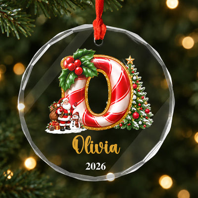 Christmas Name With Santa - Personalized Glass Ornament, Initial Kids Name Ornament, Snowman Christmas Ornaments for Kids, Family Christmas Keepsake