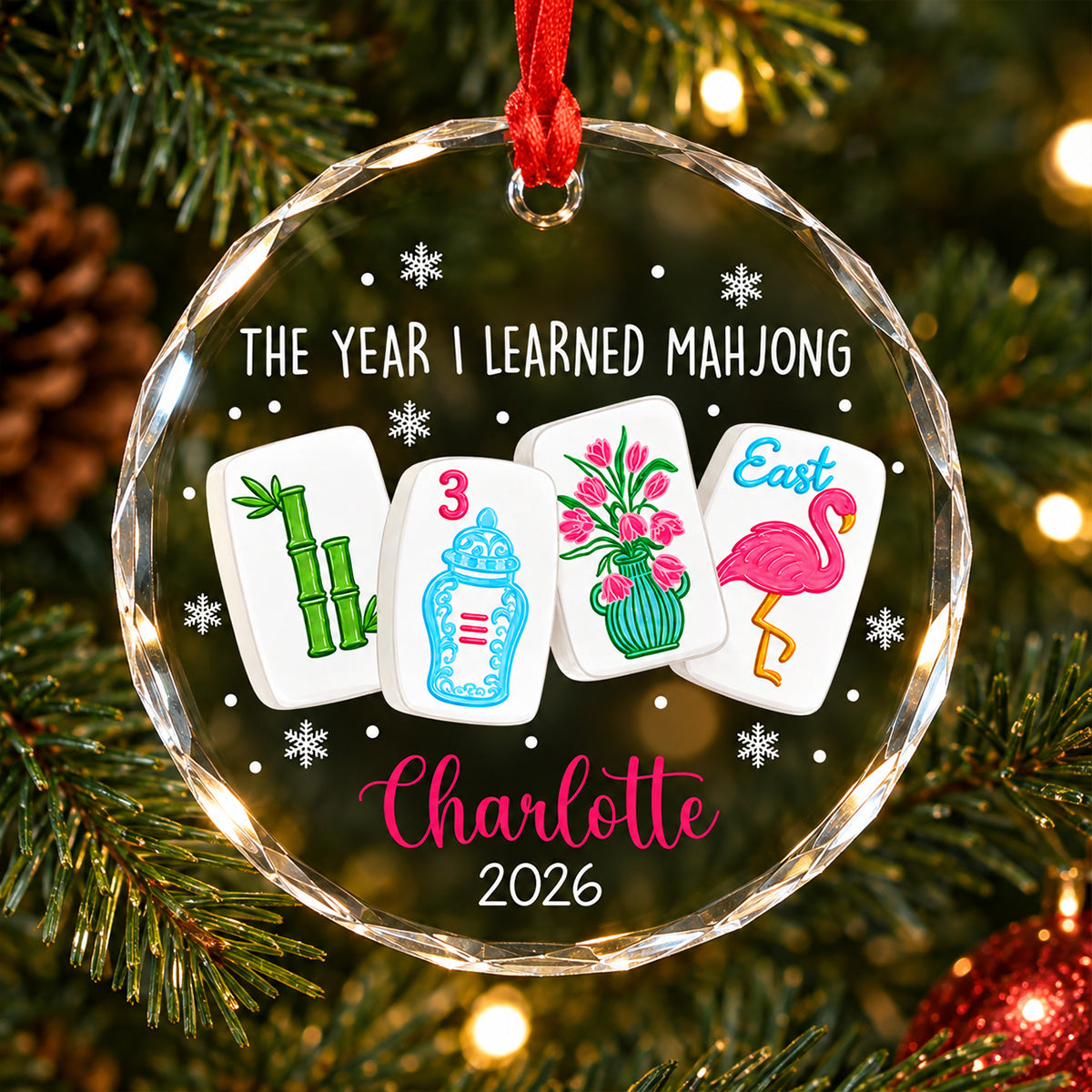 The Year I Learned Mahjong - Personalized Glass Ornament, Funny Mahjong Group Gift, Christmas Gift For Mahjong Club 2026, Game Night Keepsake