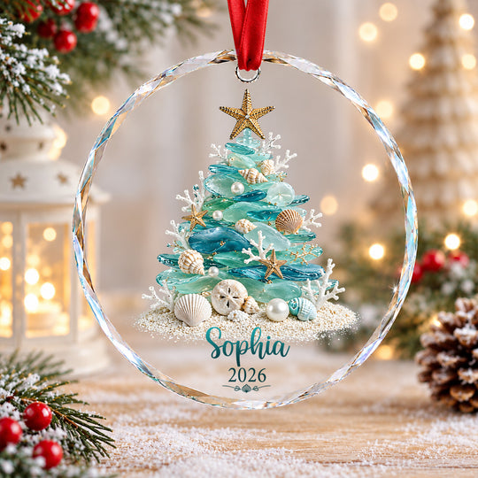Sea Glass Christmas Tree - Personalized Glass Ornament, Coastal Holiday Keepsake, Custom Sea Glass Ornament
