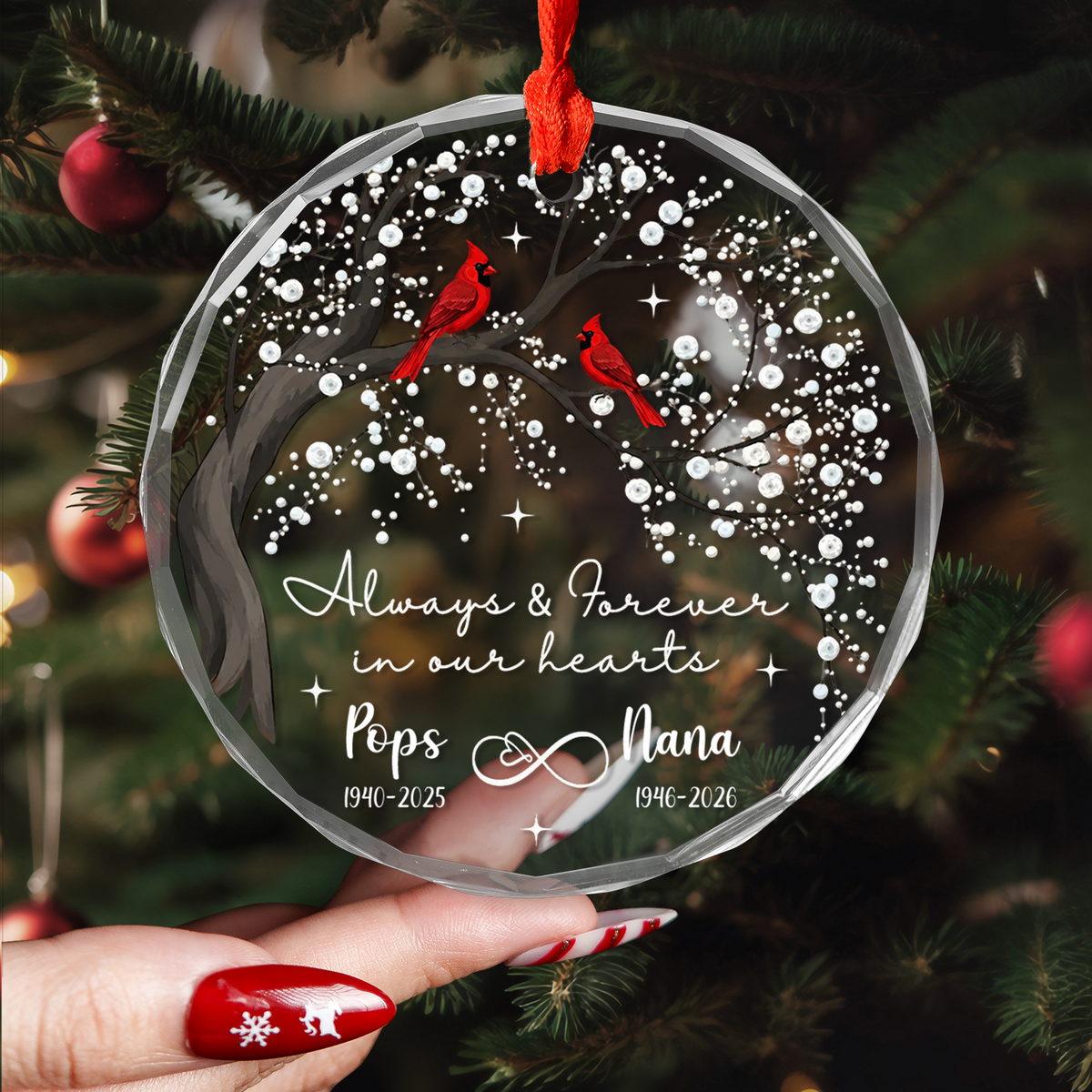 A Forever Place in Our Hearts - Personalized Glass Ornament, Custom Cardinal Memorial Christmas Ornament, Memorial Christmas Decoration