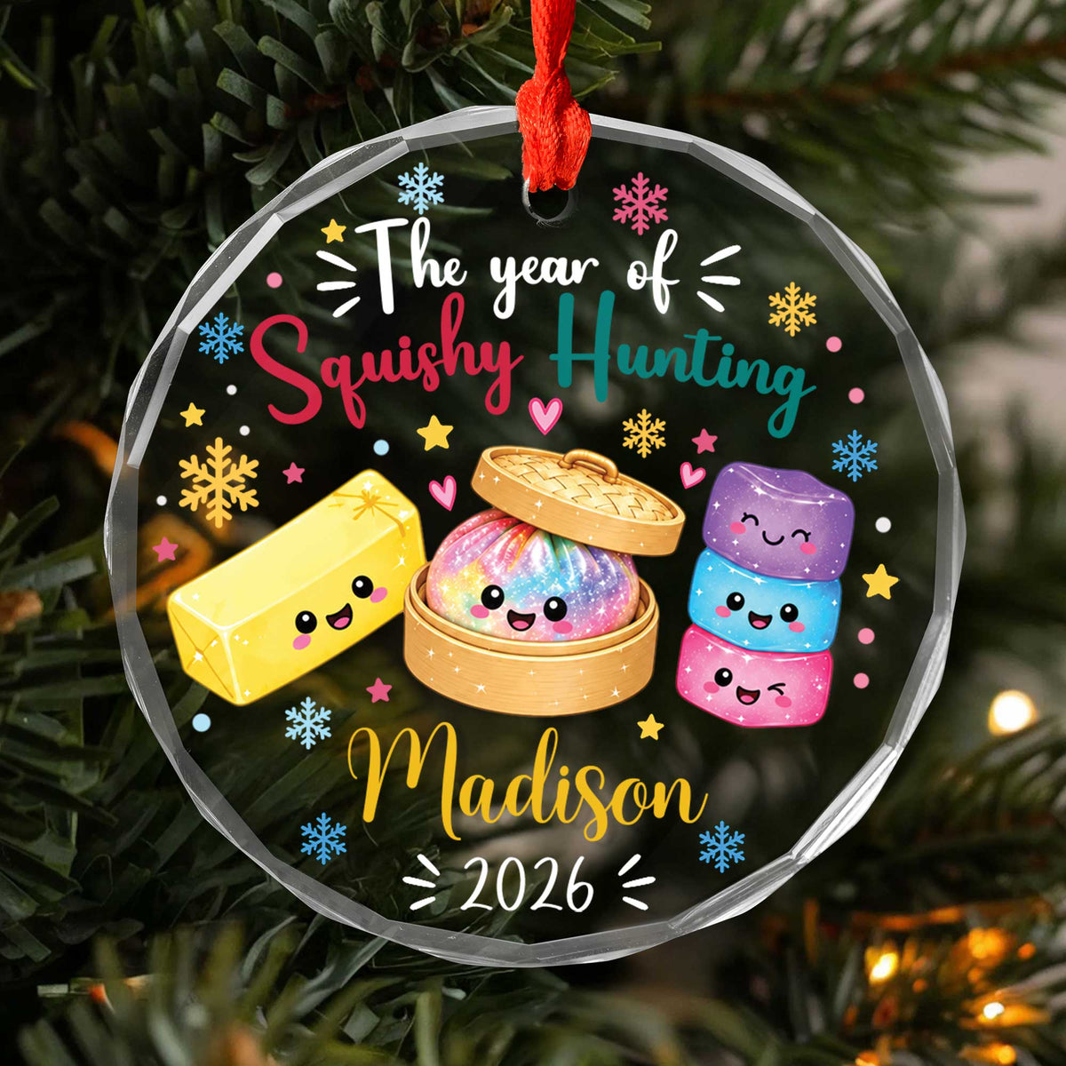 Squishy Christmas Ornament 2026- Personalized Glass Ornament, Kids Name Dumpling Ornament, Viral Squishy Gift for Girls, Year of Squishy Hunting Keepsake