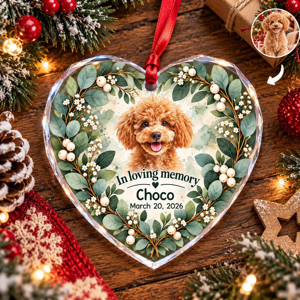 Botanical Wreath Pet Memorial Heart- Personalized Glass Ornament, Sympathy Gift