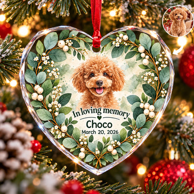 Botanical Wreath Pet Memorial Heart- Personalized Glass Ornament, Sympathy Gift