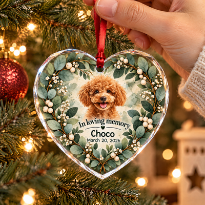 Botanical Wreath Pet Memorial Heart- Personalized Glass Ornament, Sympathy Gift