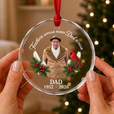 Feathers Appear When Dad Is Near - Personalized Glass Ornament, Custom Photo And Years Cardinal Memorial Ornament, Christmas Memorial Gift