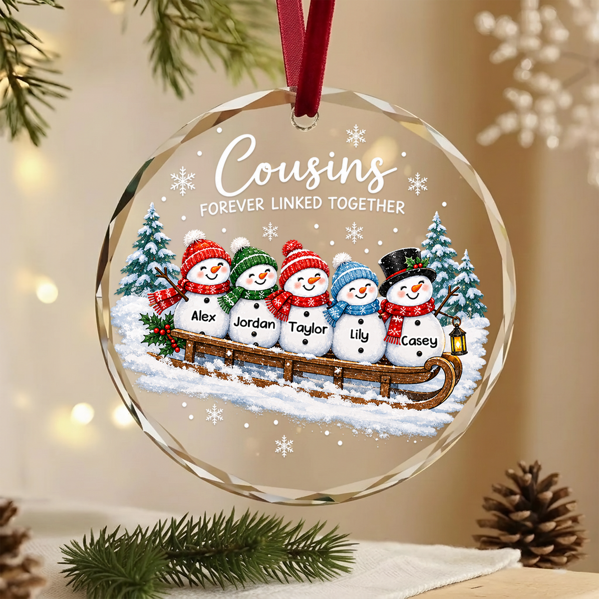 Sledding Snowmen Cousins Christmas - Personalized Glass Ornament, Custom Name Cousins Ornament