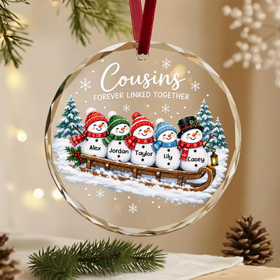 Sledding Snowmen Cousins Christmas - Personalized Glass Ornament, Custom Name Cousins Ornament