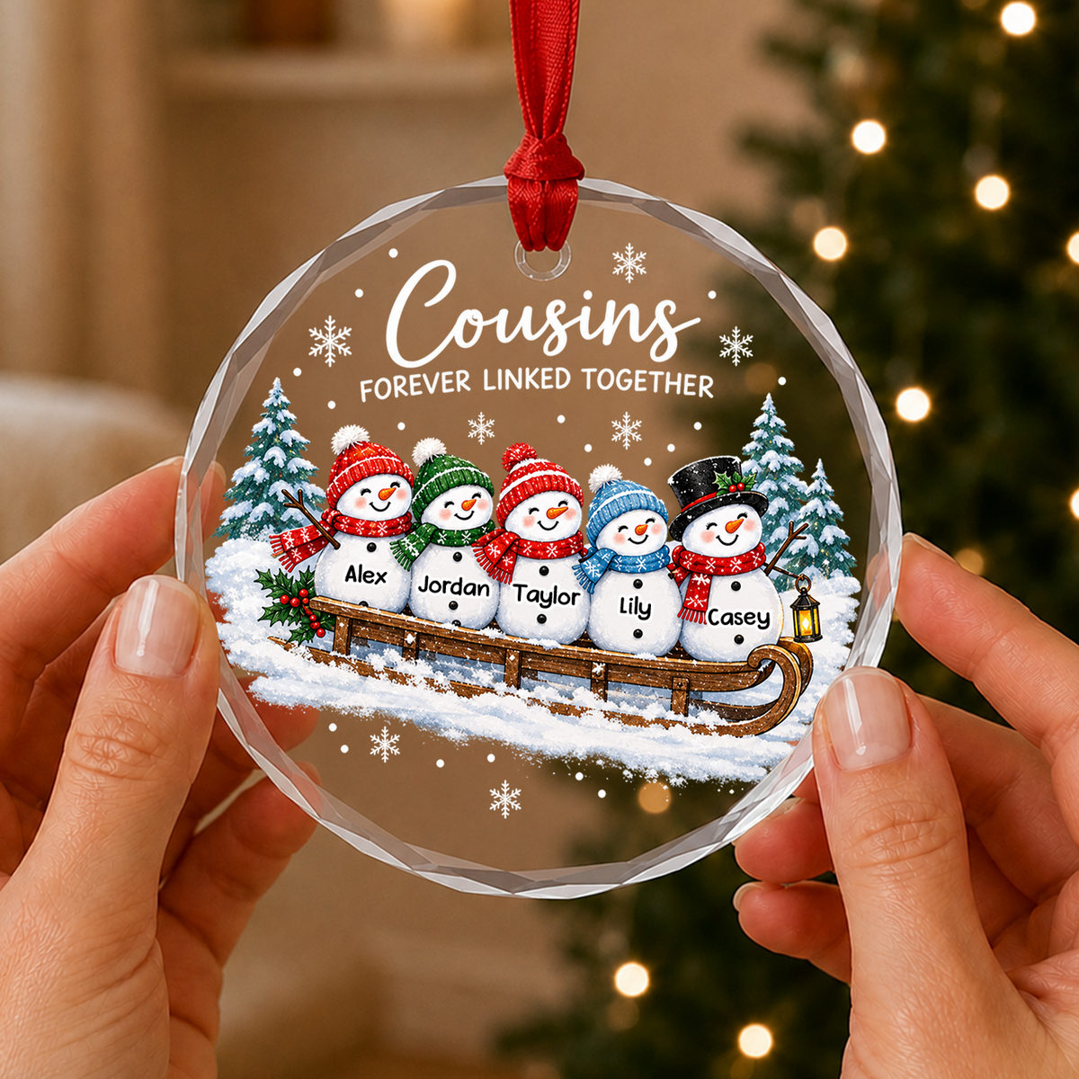 Sledding Snowmen Cousins Christmas - Personalized Glass Ornament, Custom Name Cousins Ornament
