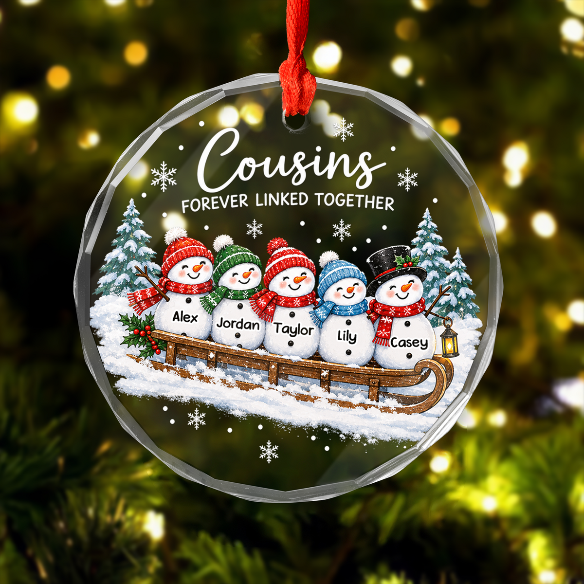 Sledding Snowmen Cousins Christmas - Personalized Glass Ornament, Custom Name Cousins Ornament