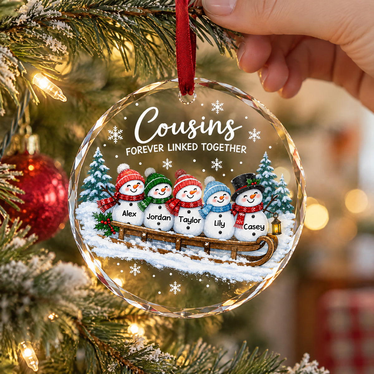 Sledding Snowmen Cousins Christmas - Personalized Glass Ornament, Custom Name Cousins Ornament
