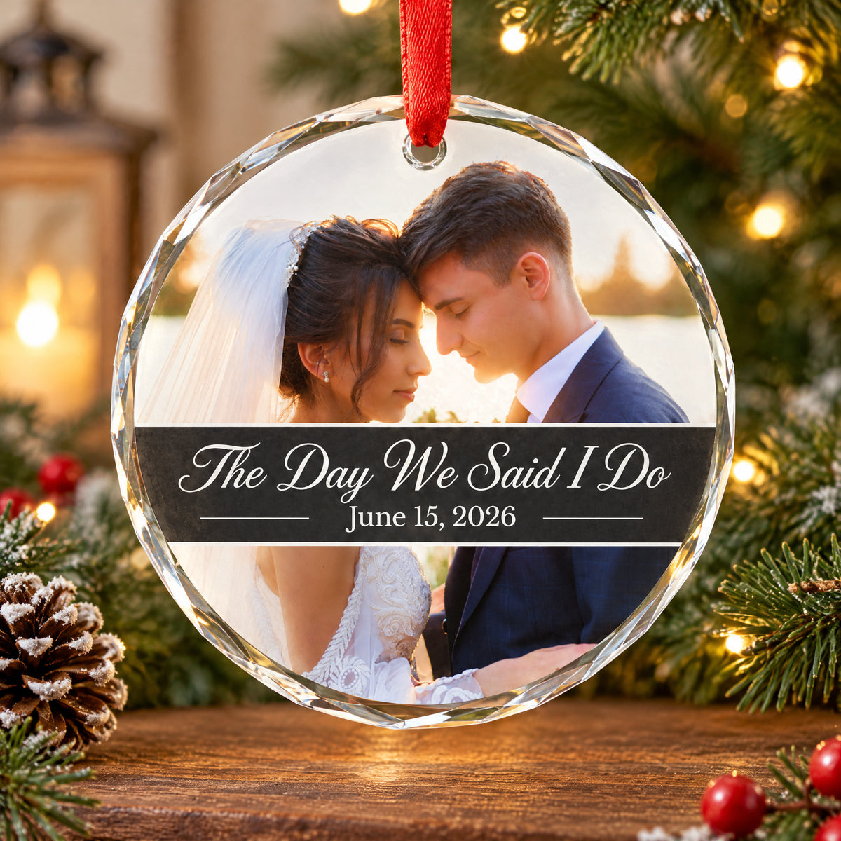 Personalized glass ornament custom photo with wedding couple and red ribbon beside a pinecone and greenery
