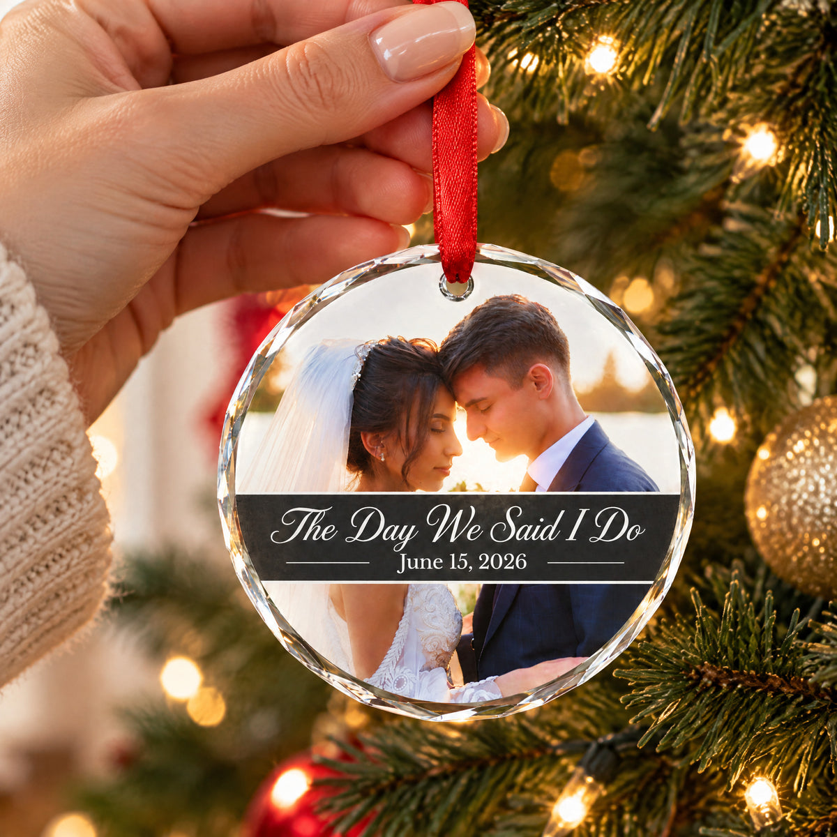 Personalized glass ornament custom photo held by a hand on a red ribbon in front of a lit tree