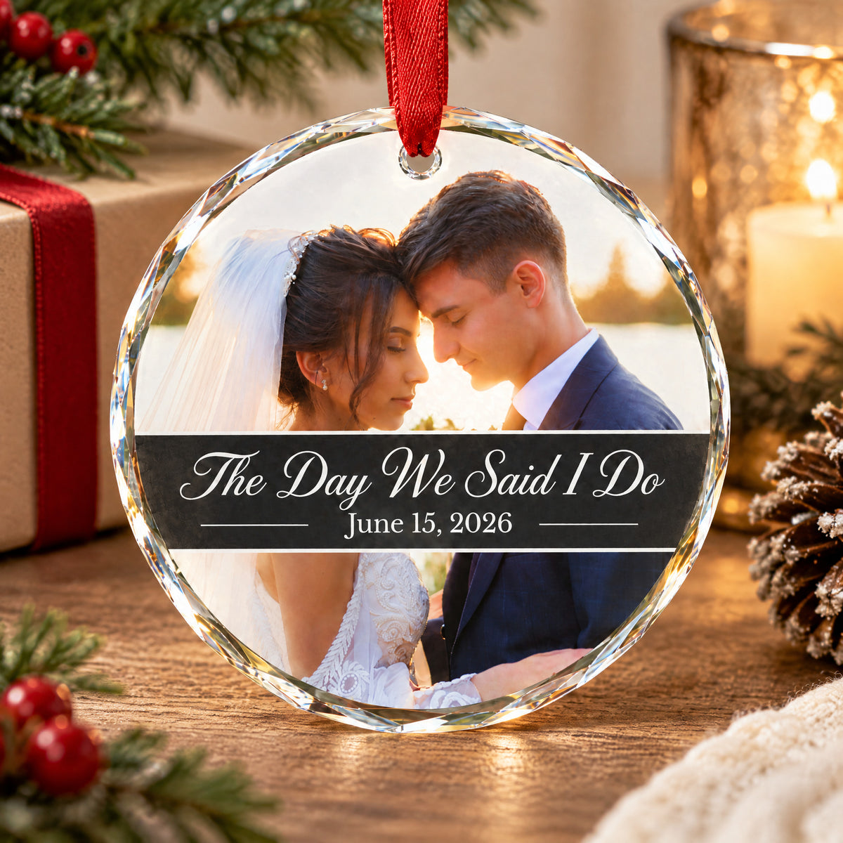Personalized glass ornament custom photo standing on a wooden table near a candle, gift and pinecone