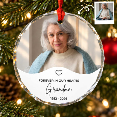 Forever In Our Hearts - Personalized Glass Ornament, Custom Photo and Dates Memorial Gift