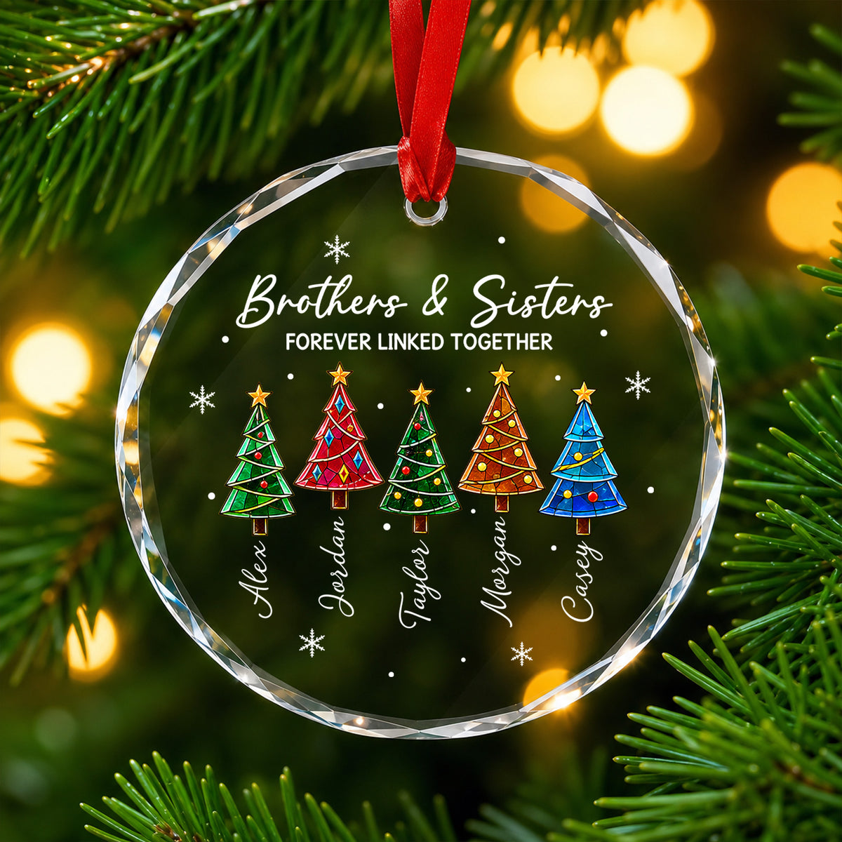Personalized Brothers and Sisters Christmas Glass Ornament, Custom Sibling Names with Colorful Christmas Trees, Forever Linked Together Family Keepsake, Holiday Gift for Siblings