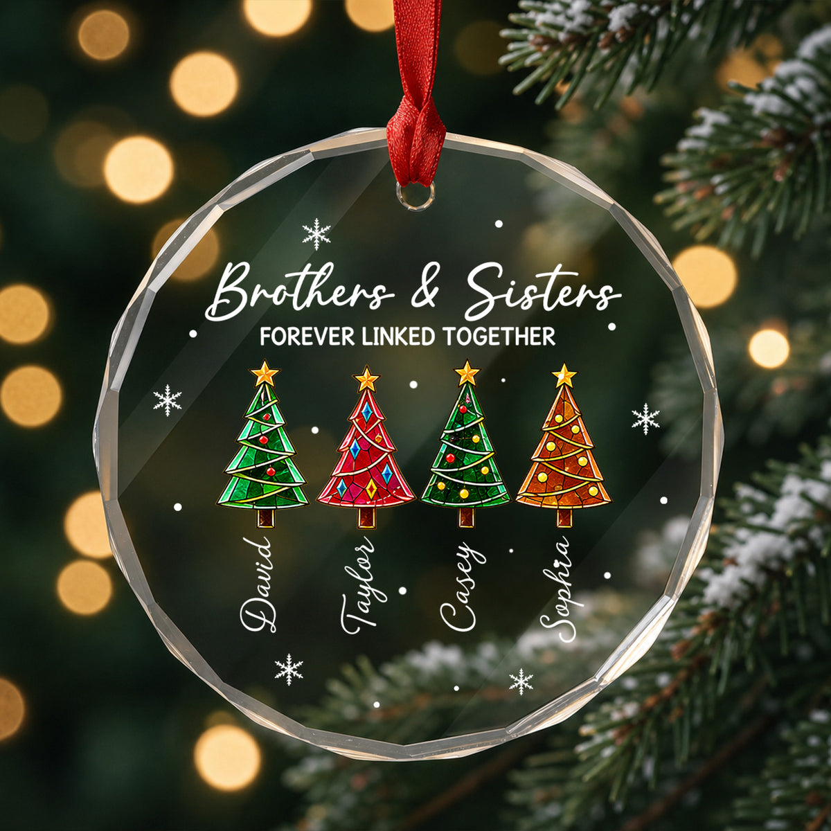 Personalized Brothers and Sisters Christmas Glass Ornament, Custom Sibling Names with Colorful Christmas Trees, Forever Linked Together Family Keepsake, Holiday Gift for Siblings