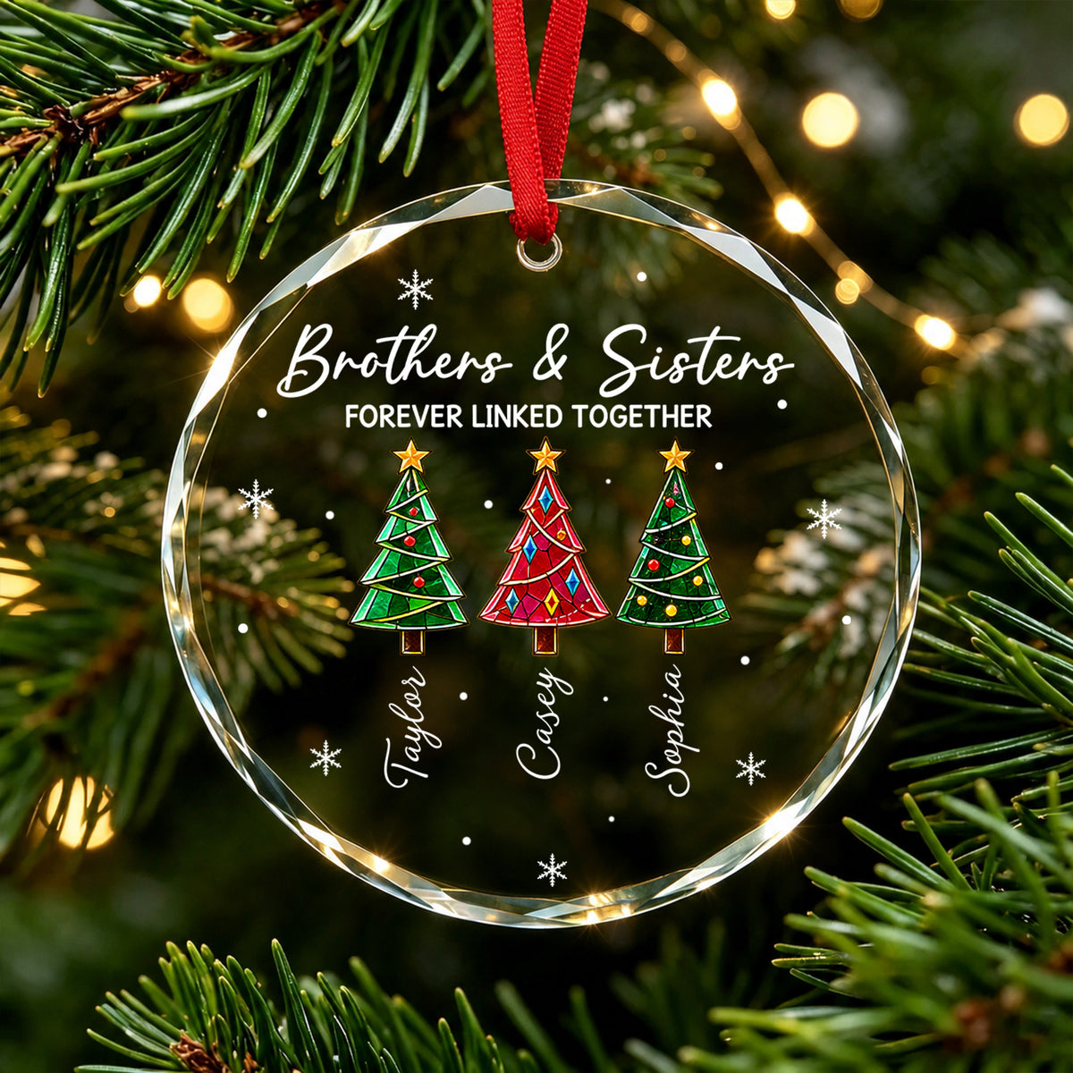 Personalized Brothers and Sisters Christmas Glass Ornament, Custom Sibling Names with Colorful Christmas Trees, Forever Linked Together Family Keepsake, Holiday Gift for Siblings