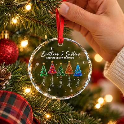 Personalized Brothers and Sisters Christmas Glass Ornament, Custom Sibling Names with Colorful Christmas Trees, Forever Linked Together Family Keepsake, Holiday Gift for Siblings