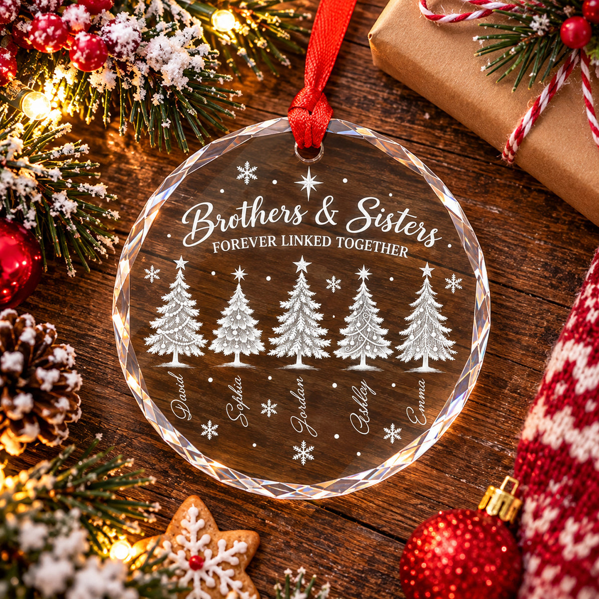 Etched Frost Winter Pines Sibling - Personalized Glass Ornament, Christmas Family Gift