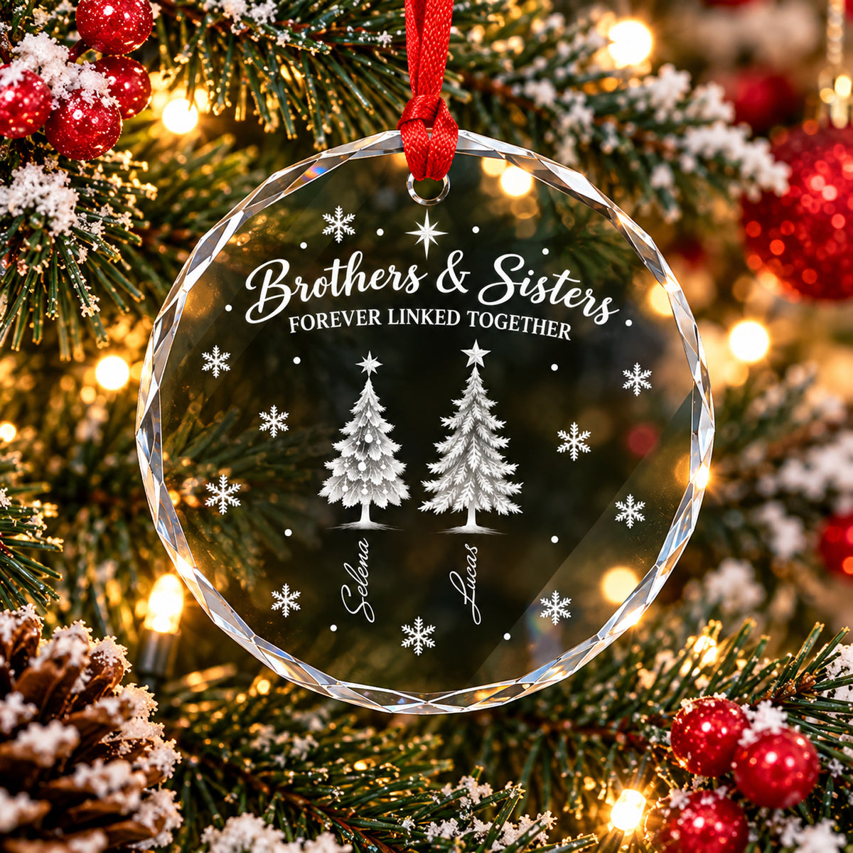 Etched Frost Winter Pines Sibling - Personalized Glass Ornament, Christmas Family Gift