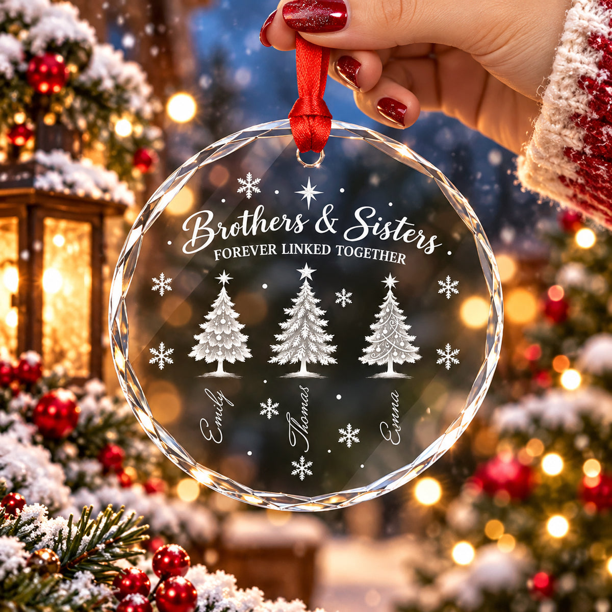 Etched Frost Winter Pines Sibling - Personalized Glass Ornament, Christmas Family Gift