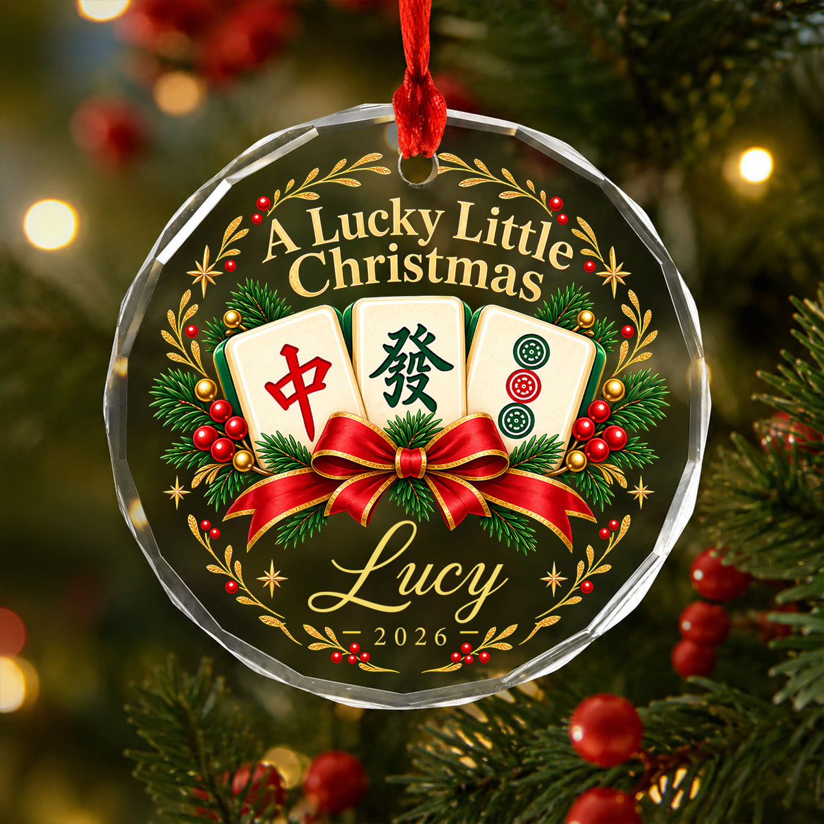 Personalized glass ornament mahjong tile hanging on a lit Christmas tree with a red ribbon, name Lucy and 2026 shown
