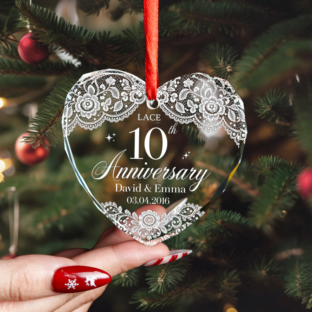 Lace 13th Anniversary - Personalized Glass Ornament, Married 13 years Lace Anniversary Gift, 13th Wedding Anniversary Gift