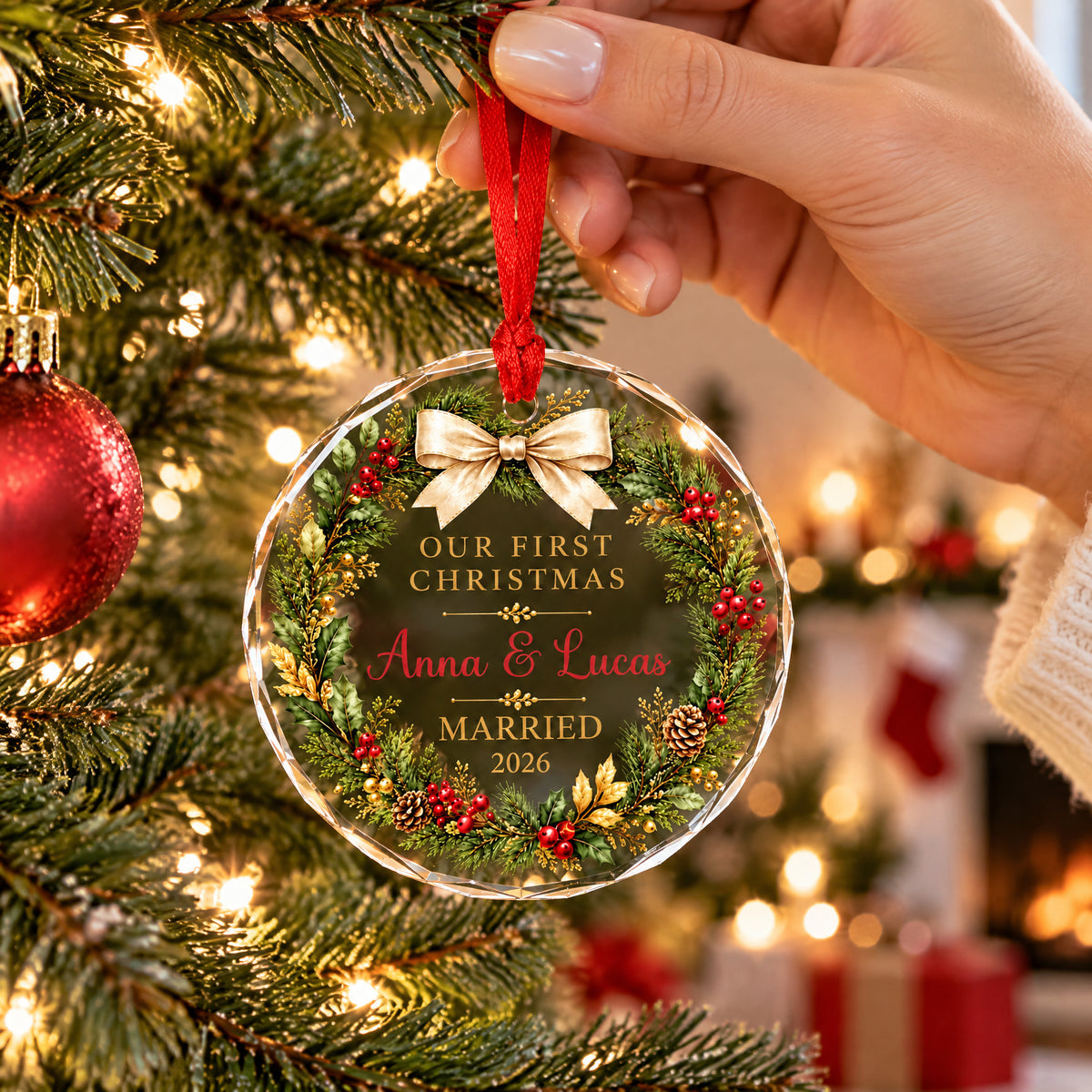 Personalized glass ornament first Christmas married held by a hand near a tree with warm lights and a fireplace behind