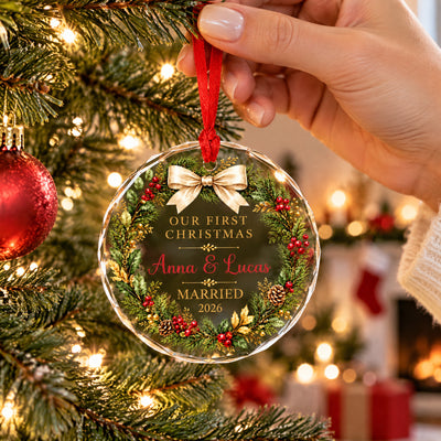Personalized glass ornament first Christmas married held by a hand near a tree with warm lights and a fireplace behind