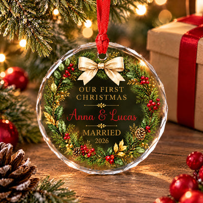 Personalized glass ornament first Christmas married standing on a wooden table beside a wrapped gift and red baubles