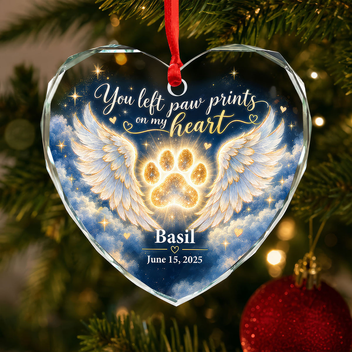 Angel Wings and Paw Print Pet Memorial Heart- Personalized Glass Ornament, Pet Loss Sympathy Gift