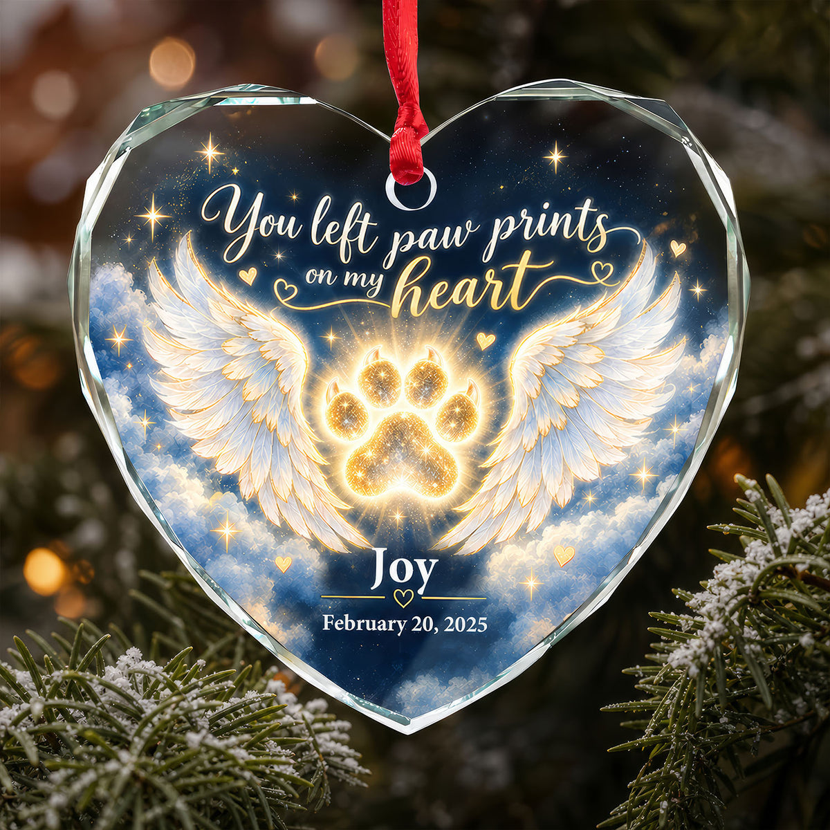 Angel Wings and Paw Print Pet Memorial Heart- Personalized Glass Ornament, Pet Loss Sympathy Gift