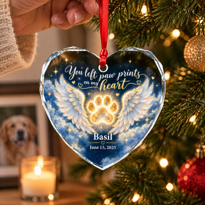 Angel Wings and Paw Print Pet Memorial Heart- Personalized Glass Ornament, Pet Loss Sympathy Gift