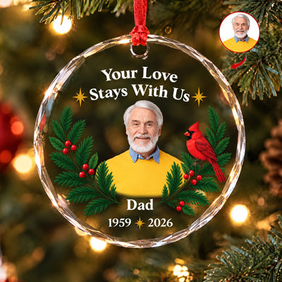 Personalized glass ornament custom photo with Dad and 1959 2026 text, faceted edge glowing among tree lights