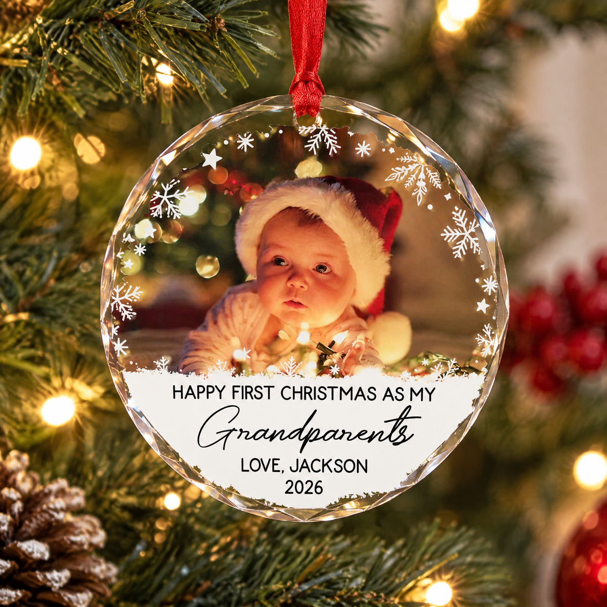 Our First Christmas With You - Personalized Glass Ornament, Custom Baby Photo Ornament, Custom Name and Year Ornament
