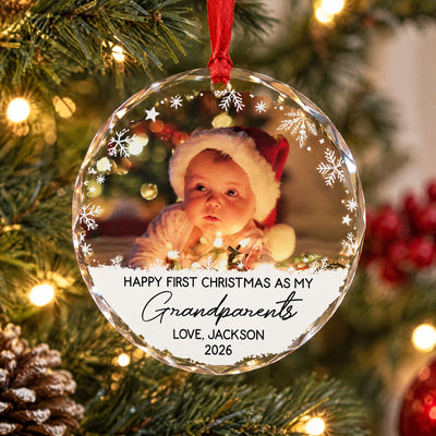 Our First Christmas With You - Personalized Glass Ornament, Custom Baby Photo Ornament, Custom Name and Year Ornament