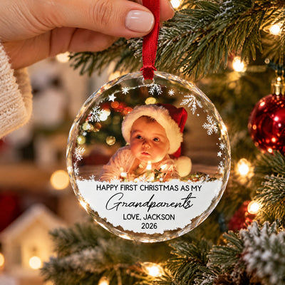 Our First Christmas With You - Personalized Glass Ornament, Custom Baby Photo Ornament, Custom Name and Year Ornament