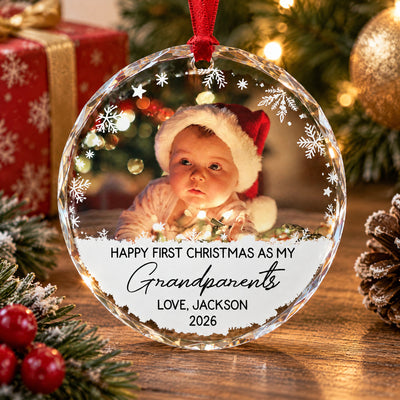 Our First Christmas With You - Personalized Glass Ornament, Custom Baby Photo Ornament, Custom Name and Year Ornament