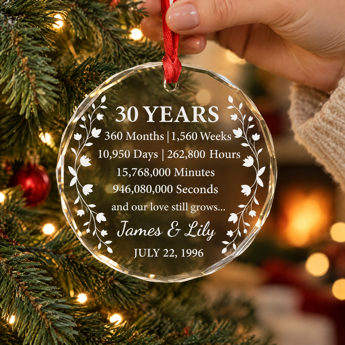 Floral Anniversary Time Count - Personalized Glass Ornament, Custom Anniversary Year Couple Ornament, Couple Gift