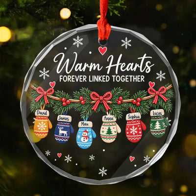 Warm Hearts Forever Linked - Personalized Glass Ornament, Hanging Winter Mittens Family Christmas Glass Ornament